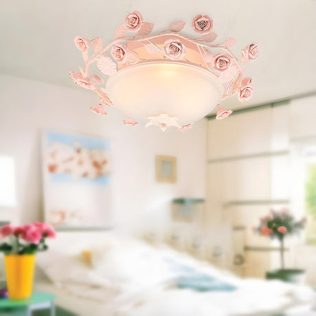 Pastoral Pink Floral Bowl Glass LED Flush Mount Light Image - 2