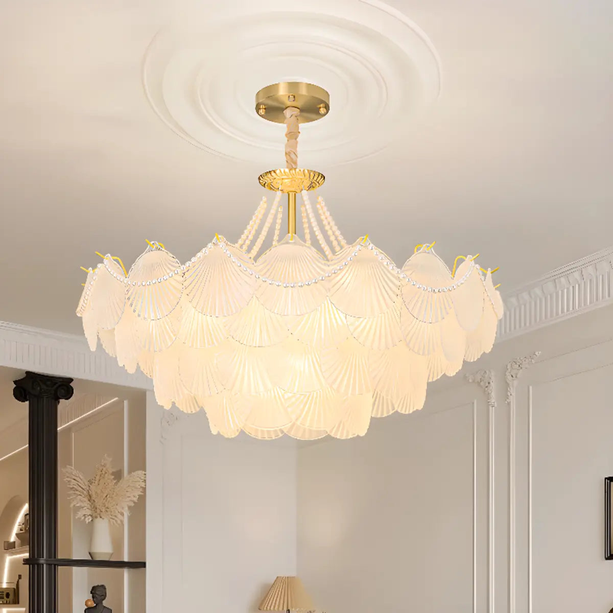 Pearl Shell Tiered Frosted Glass Living Room Chandelier Image - 1