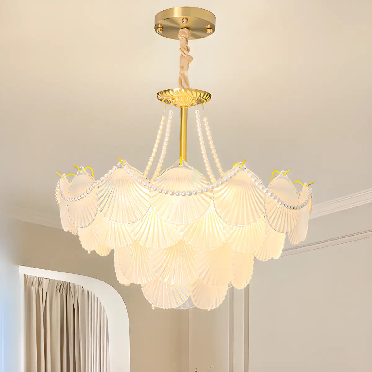 Pearl Shell Tiered Frosted Glass Living Room Chandelier Image - 11