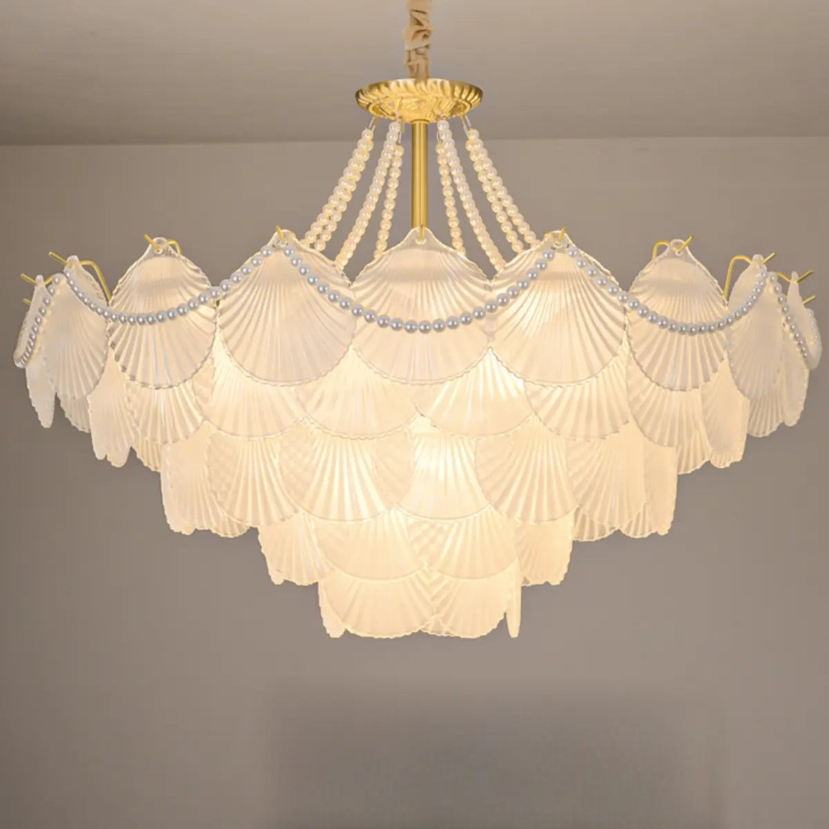 Pearl Shell Tiered Frosted Glass Living Room Chandelier Image - 13