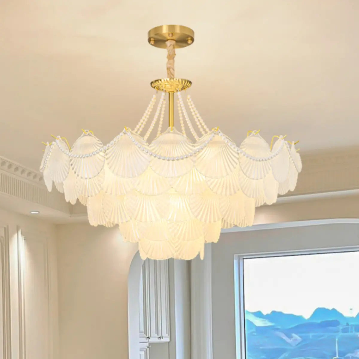 Pearl Shell Tiered Frosted Glass Living Room Chandelier Image - 7