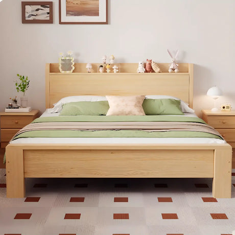 Pine Natural King Panel Bed with Mattress and Shelves Image - 1