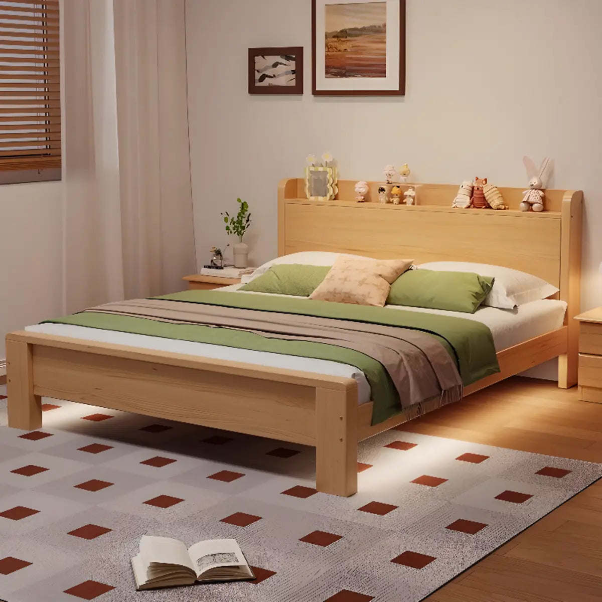 Pine Natural King Panel Bed with Mattress and Shelves Image - 3