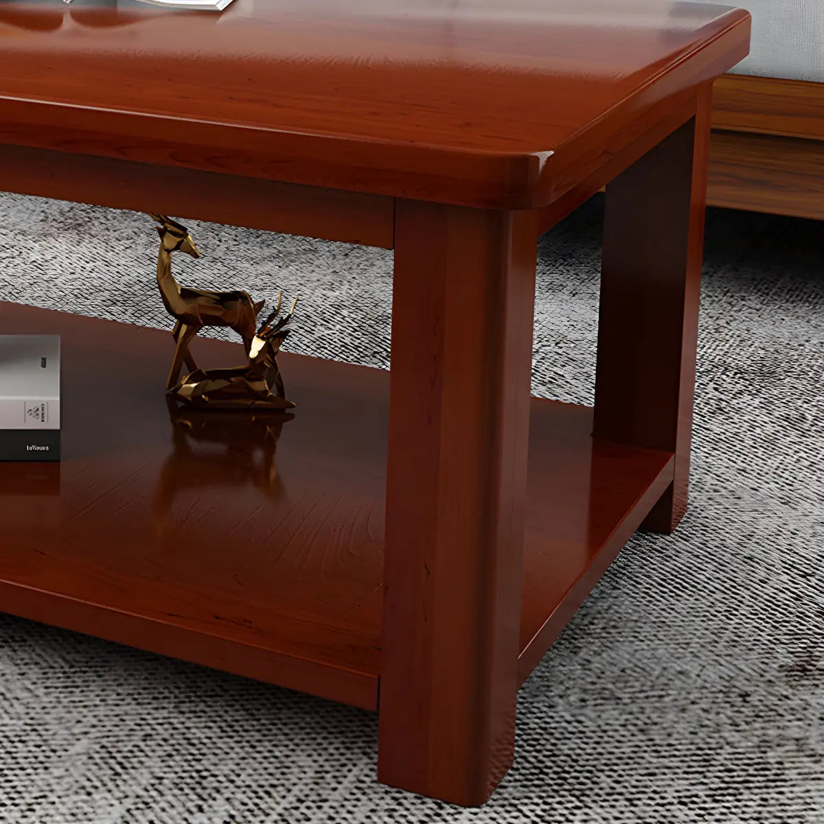 Pine Red Brown Rectangle Shelf Four Legs Coffee Table Image - 14