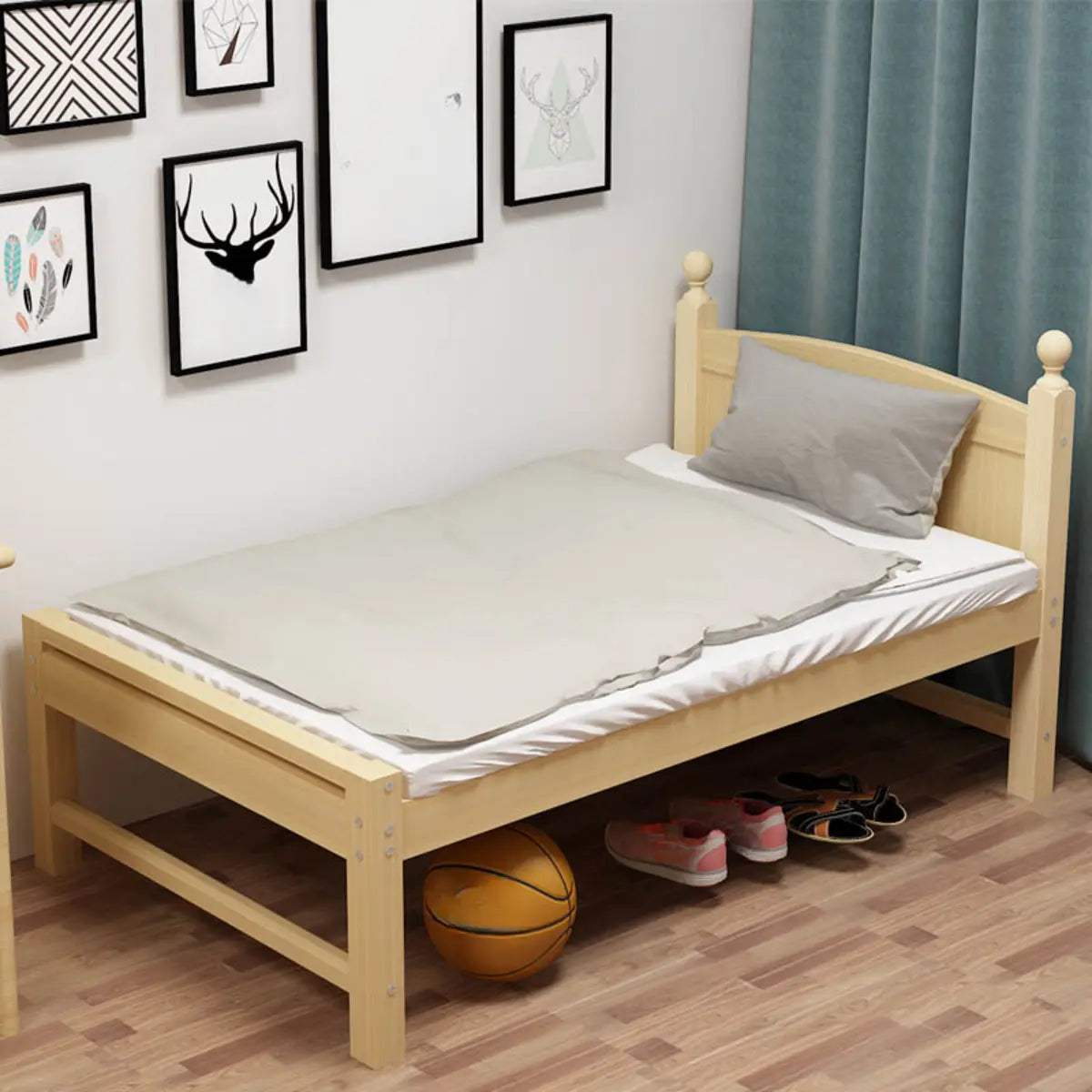 Pine Wood Natural Finish Twin Panel Bed with Headboard Image - 1