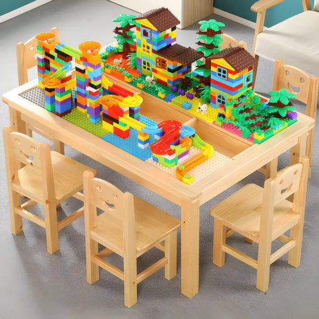 Pine Wood Toddler Building Block Table Chair Set Image - 1