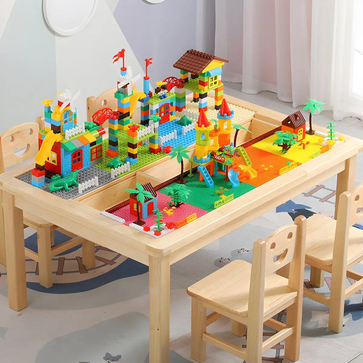 Pine Wood Toddler Building Block Table Chair Set Image - 14