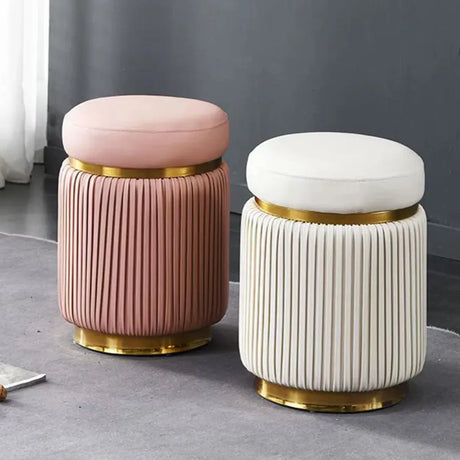 Pink Cylindrical Upholstered Velvet Gold Accent Vanity Stool Image - 1