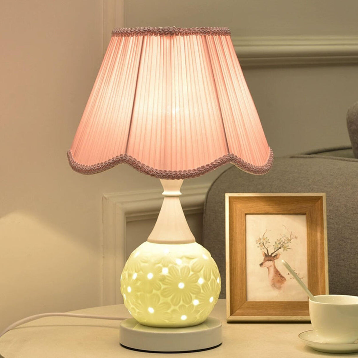 Pink Fabric Lantern Shade Ceramic Bedside Table Lamp Image - 3