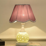 Pink Fabric Lantern Shade Ceramic Bedside Table Lamp Image - 5