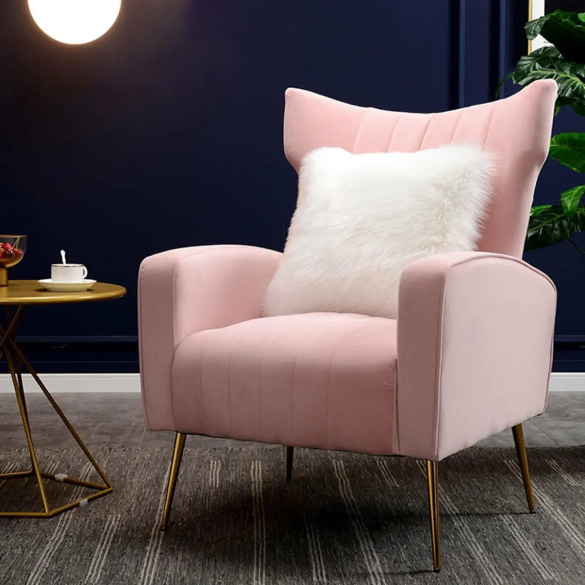 Pink Flannel Track Arms Fixed Back Wingback Chair Image - 3