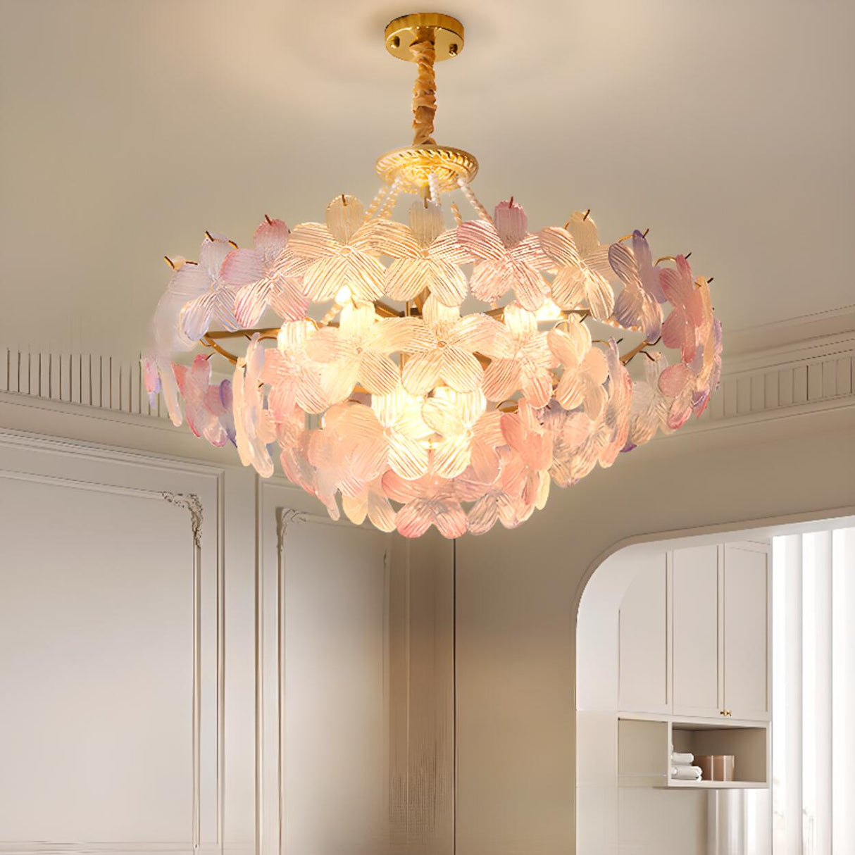 Pink Floral Crystal Chandelier, Adjustable Height Image - 1