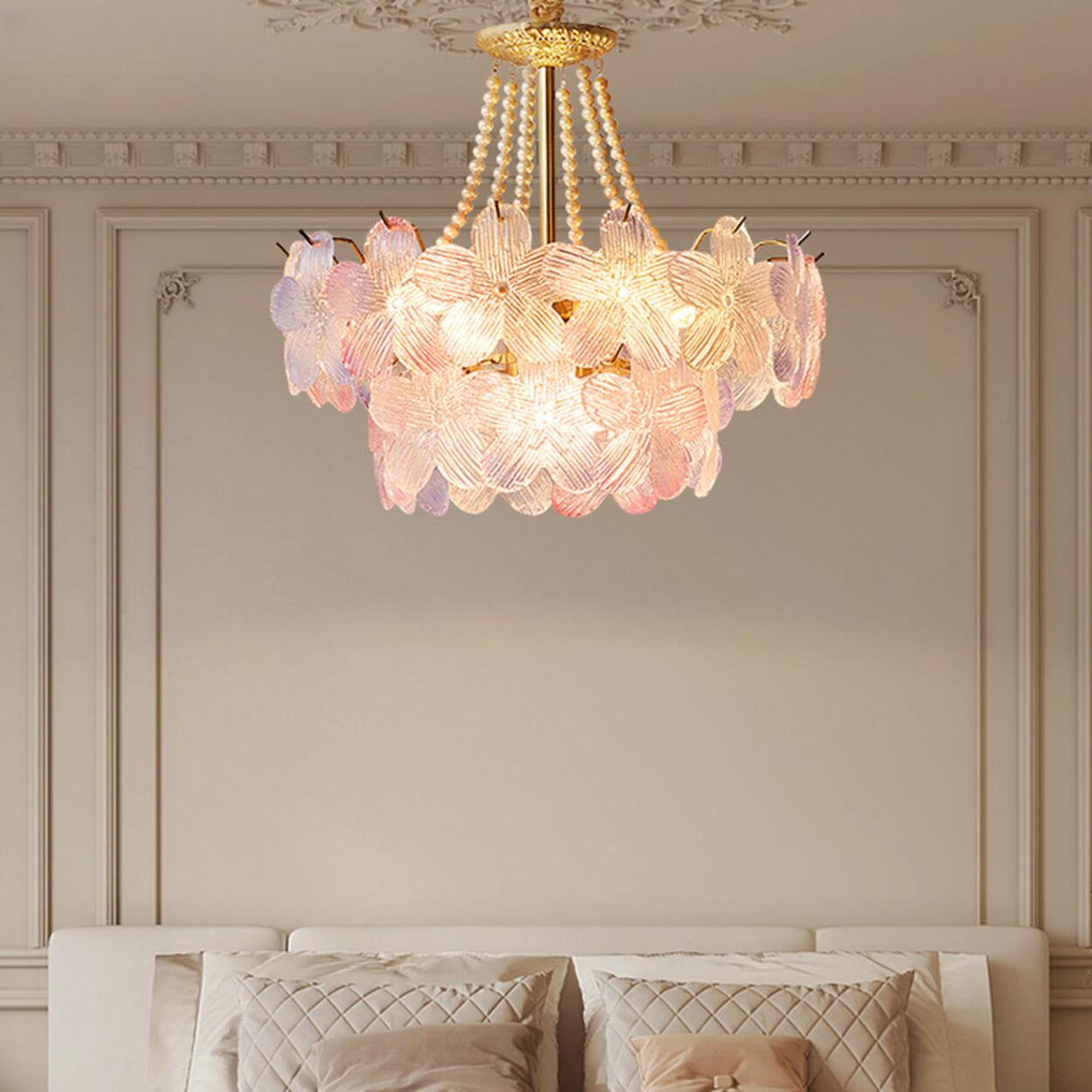 Pink Floral Crystal Chandelier, Adjustable Height Image - 5