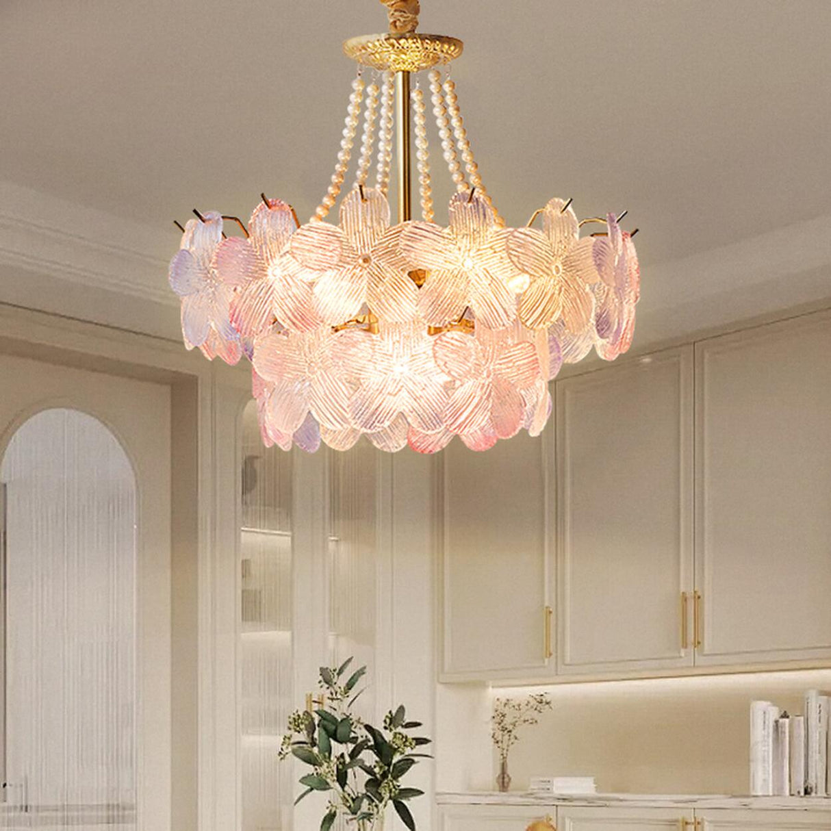 Pink Floral Crystal Chandelier, Adjustable Height Image - 8