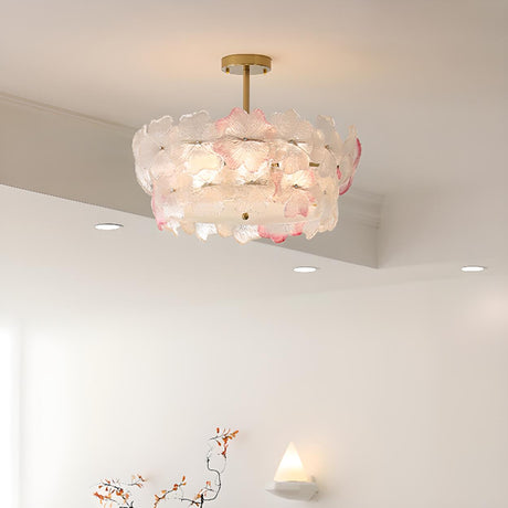 Pink Floral Drum Glass Semi-Flush Mount Ceiling Light Image - 1