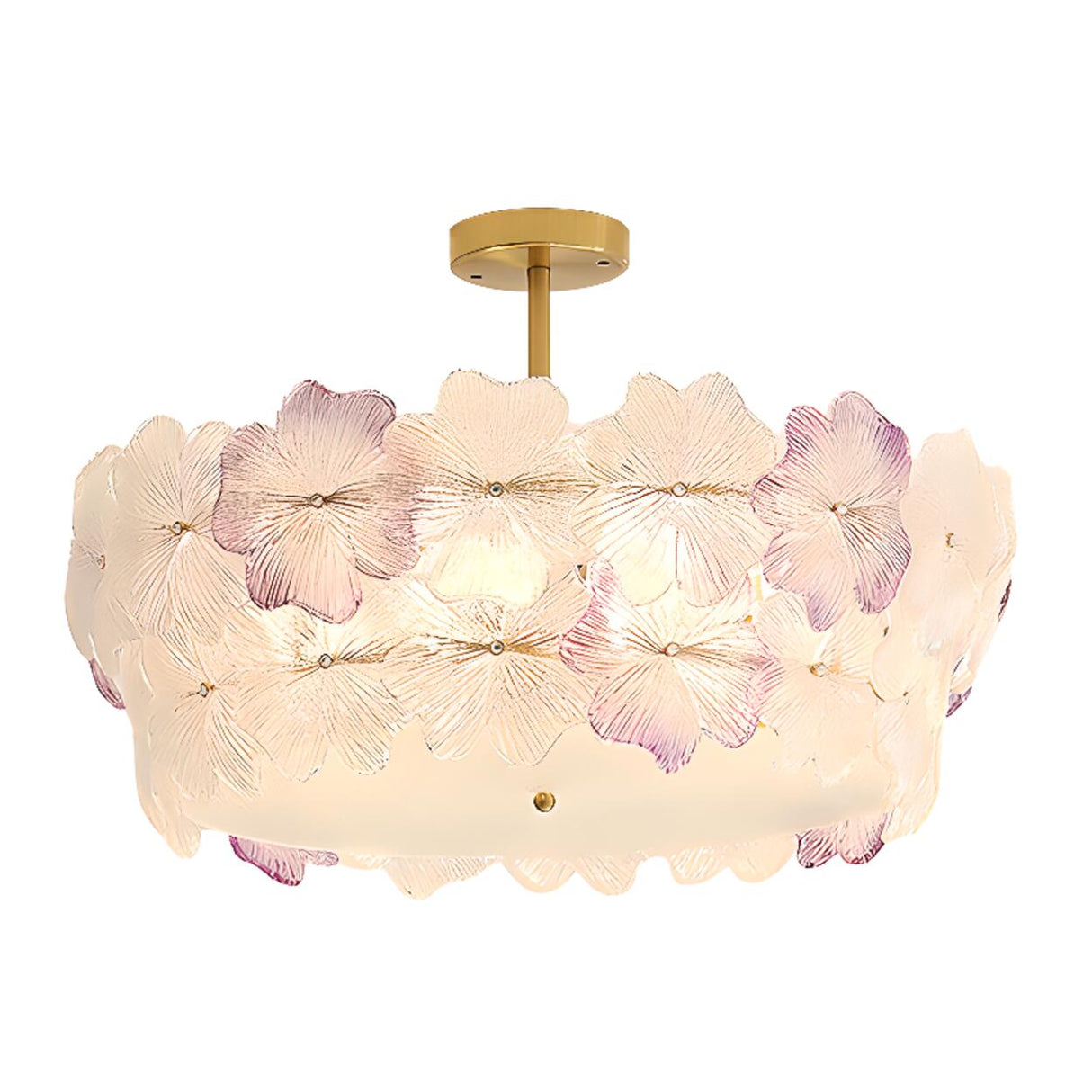 Pink Floral Drum Glass Semi-Flush Mount Ceiling Light Image - 11