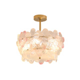 Pink Floral Drum Glass Semi-Flush Mount Ceiling Light Image - 13