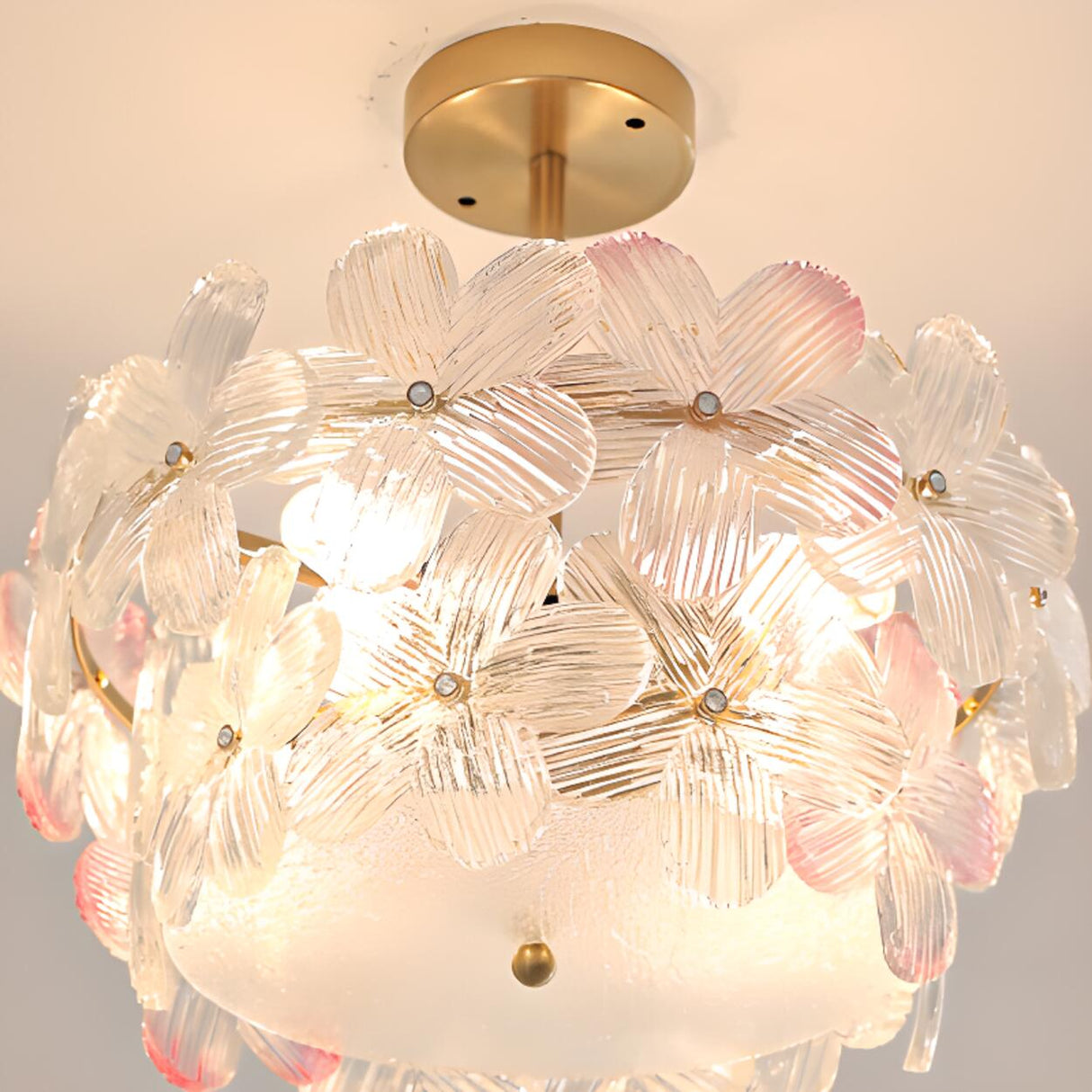 Pink Floral Drum Glass Semi-Flush Mount Ceiling Light Image - 15