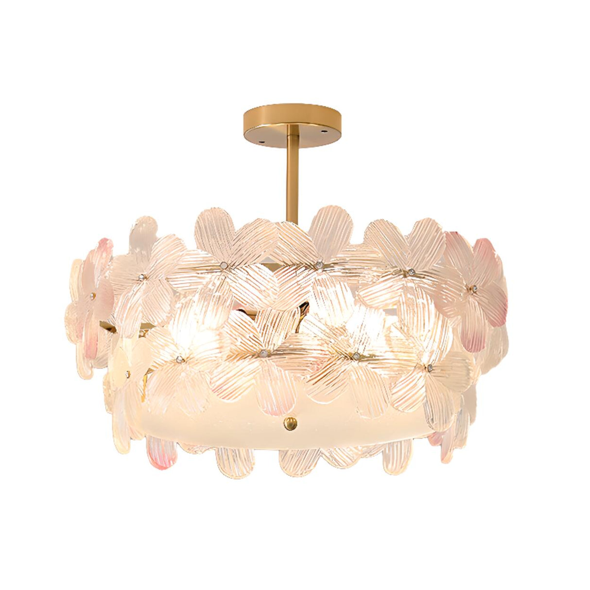 Pink Floral Drum Glass Semi-Flush Mount Ceiling Light Image - 16