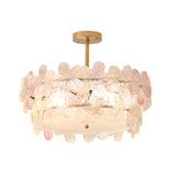 Pink Floral Drum Glass Semi-Flush Mount Ceiling Light Image - 16