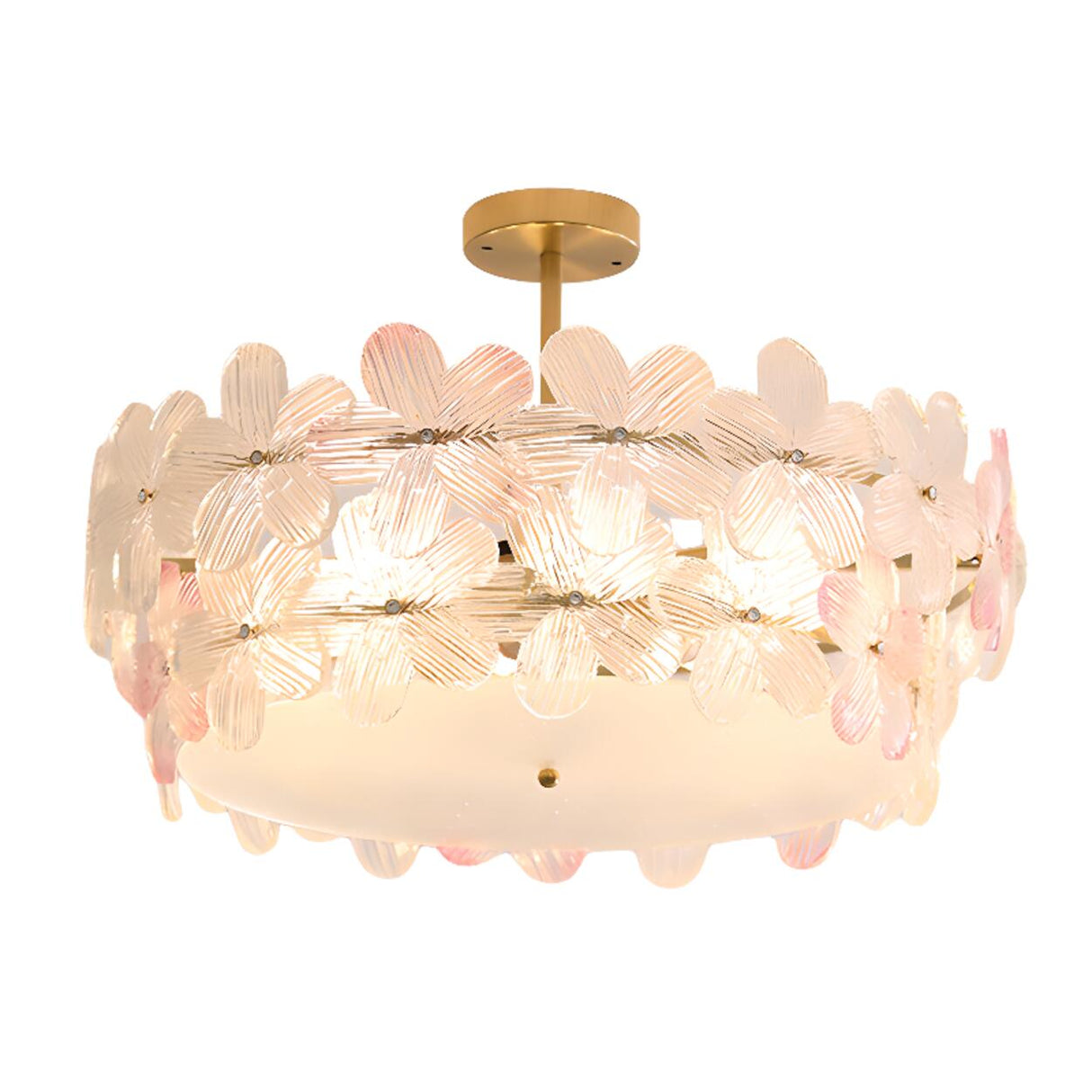 Pink Floral Drum Glass Semi-Flush Mount Ceiling Light Image - 17