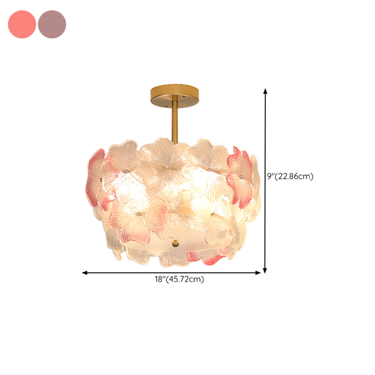 Pink Floral Drum Glass Semi-Flush Mount Ceiling Light 