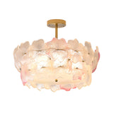 Pink Floral Drum Glass Semi-Flush Mount Ceiling Light Image - 3