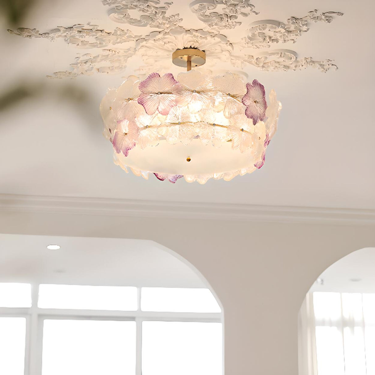 Pink Floral Drum Glass Semi-Flush Mount Ceiling Light Image - 5