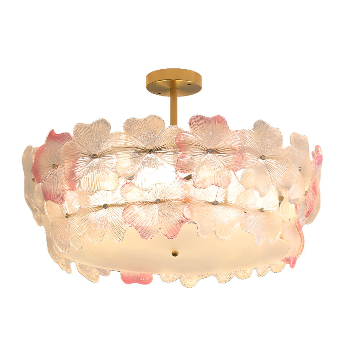 Pink Floral Drum Glass Semi-Flush Mount Ceiling Light Image - 6