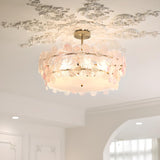 Pink Floral Drum Glass Semi-Flush Mount Ceiling Light Image - 8