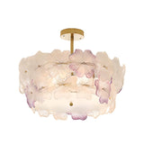 Pink Floral Drum Glass Semi-Flush Mount Ceiling Light Image - 9