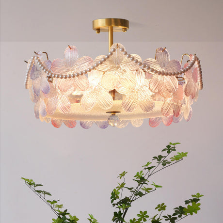 Pink Floral Glass Gold Round Semi-Flush Mount Lamp Image - 1