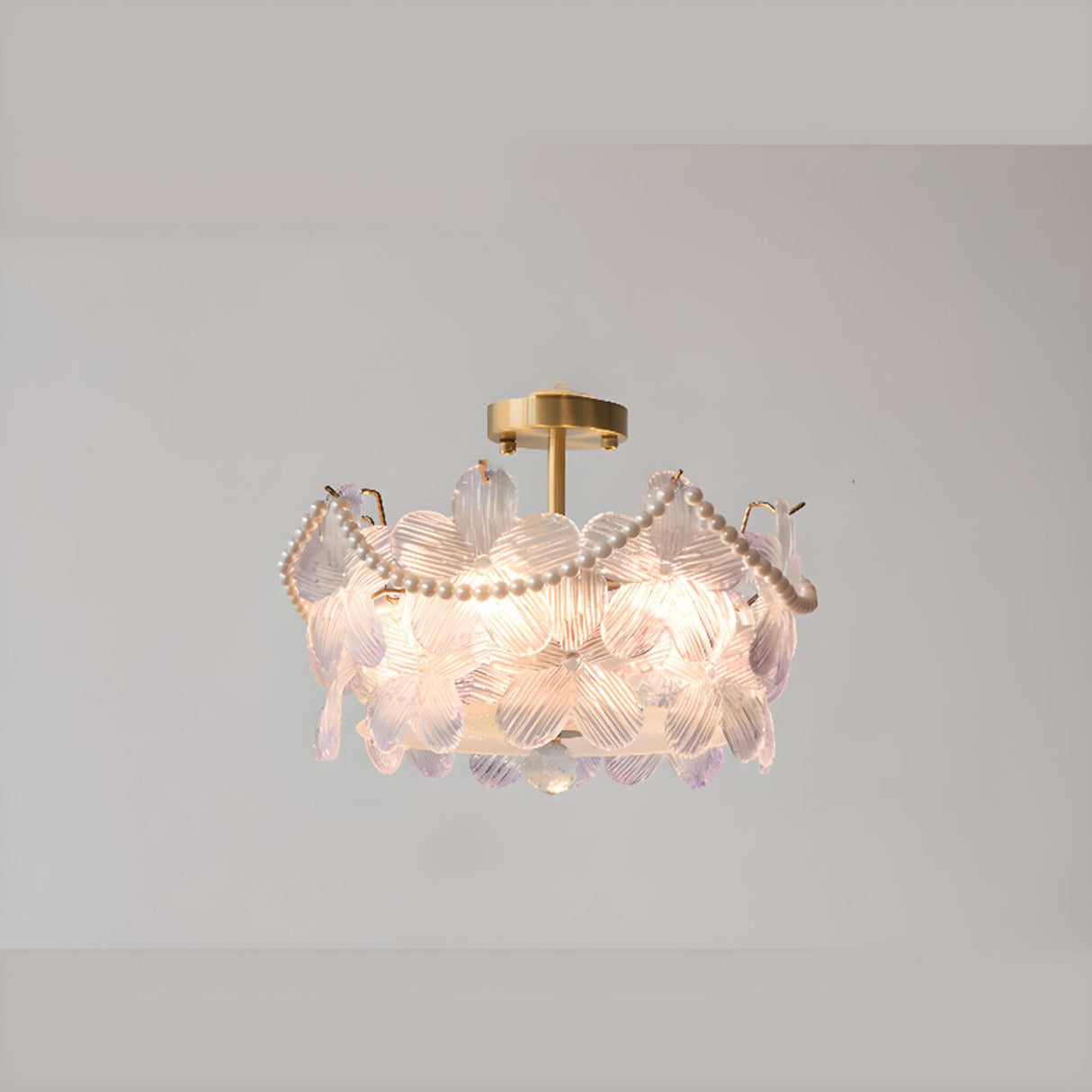 Pink Floral Glass Gold Round Semi-Flush Mount Lamp Image - 10