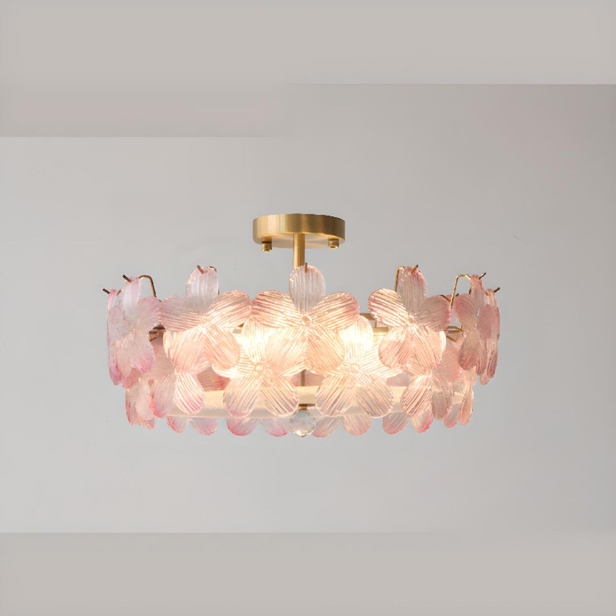 Pink Floral Glass Gold Round Semi-Flush Mount Lamp Image - 11