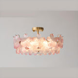 Pink Floral Glass Gold Round Semi-Flush Mount Lamp Image - 11