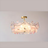 Pink Floral Glass Gold Round Semi-Flush Mount Lamp Image - 12