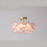 Pink Floral Glass Gold Round Semi-Flush Mount Lamp Image - 13