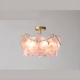 Pink Floral Glass Gold Round Semi-Flush Mount Lamp Image - 14