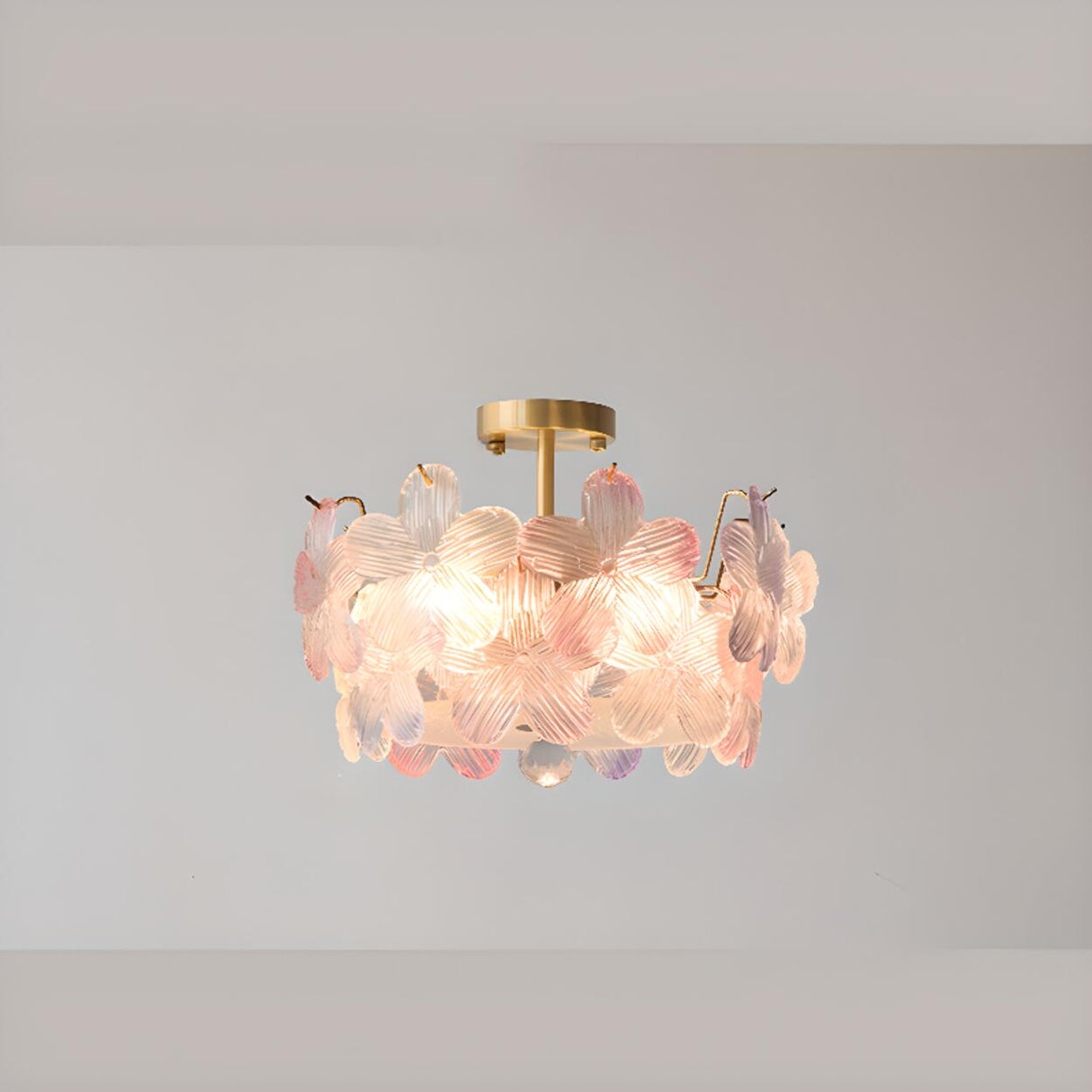 Pink Floral Glass Gold Round Semi-Flush Mount Lamp Image - 15