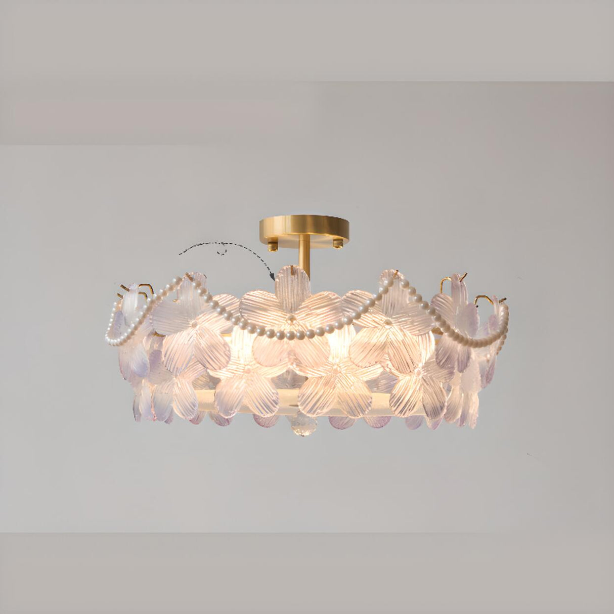 Pink Floral Glass Gold Round Semi-Flush Mount Lamp Image - 16