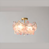 Pink Floral Glass Gold Round Semi-Flush Mount Lamp Image - 17