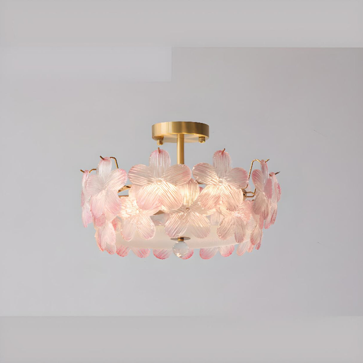 Pink Floral Glass Gold Round Semi-Flush Mount Lamp Image - 20