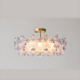 Pink Floral Glass Gold Round Semi-Flush Mount Lamp Image - 21