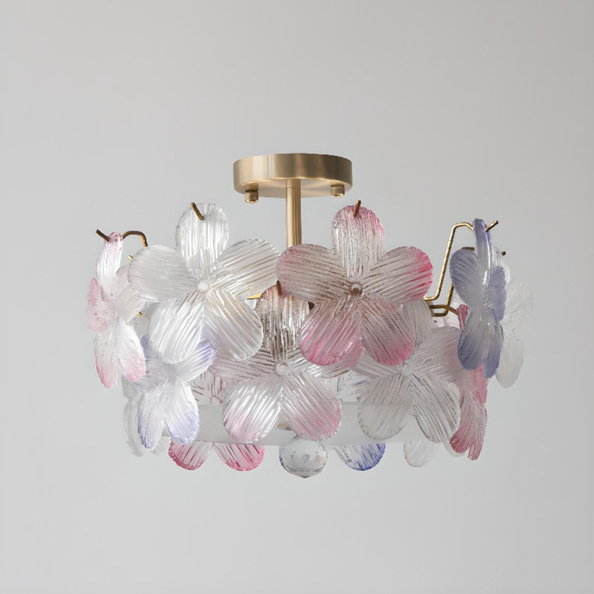 Pink Floral Glass Gold Round Semi-Flush Mount Lamp Image - 23