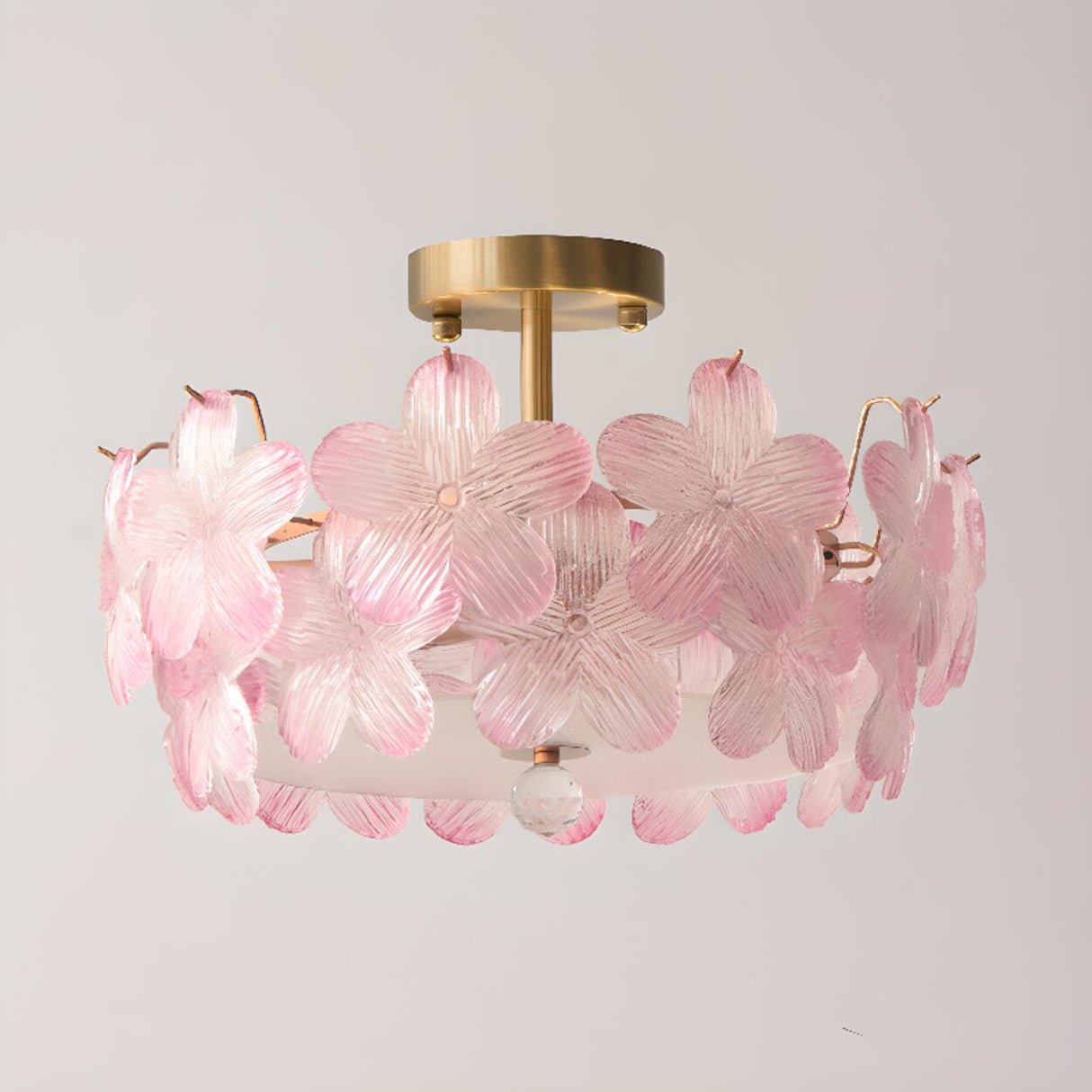 Pink Floral Glass Gold Round Semi-Flush Mount Lamp Image - 24