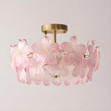 Pink Floral Glass Gold Round Semi-Flush Mount Lamp Image - 24