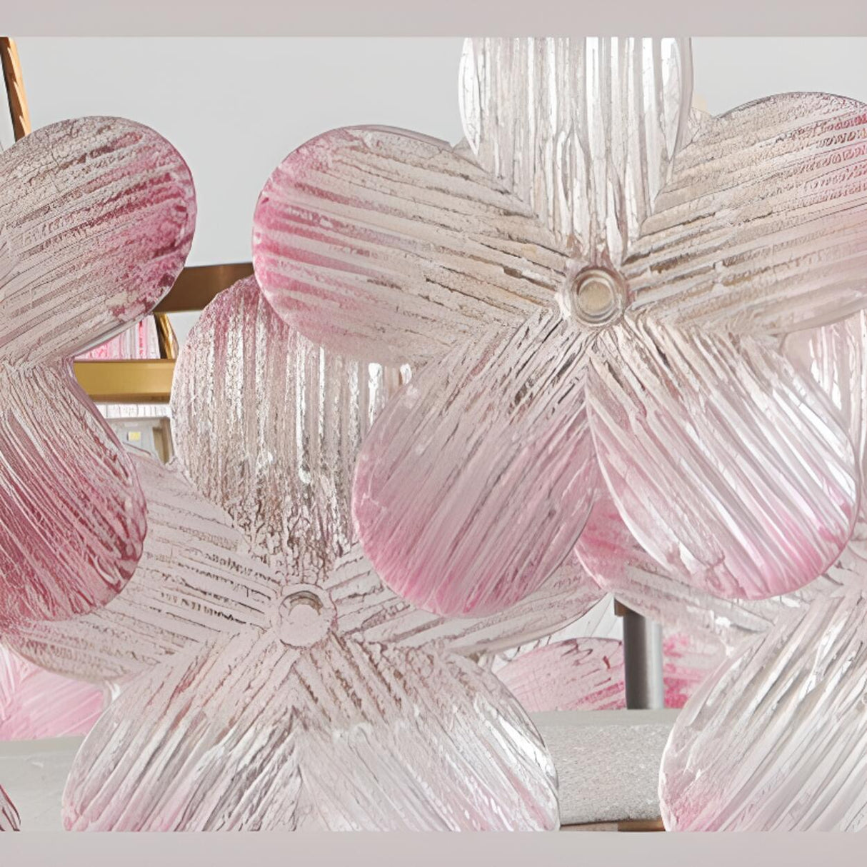 Pink Floral Glass Gold Round Semi-Flush Mount Lamp Image - 25