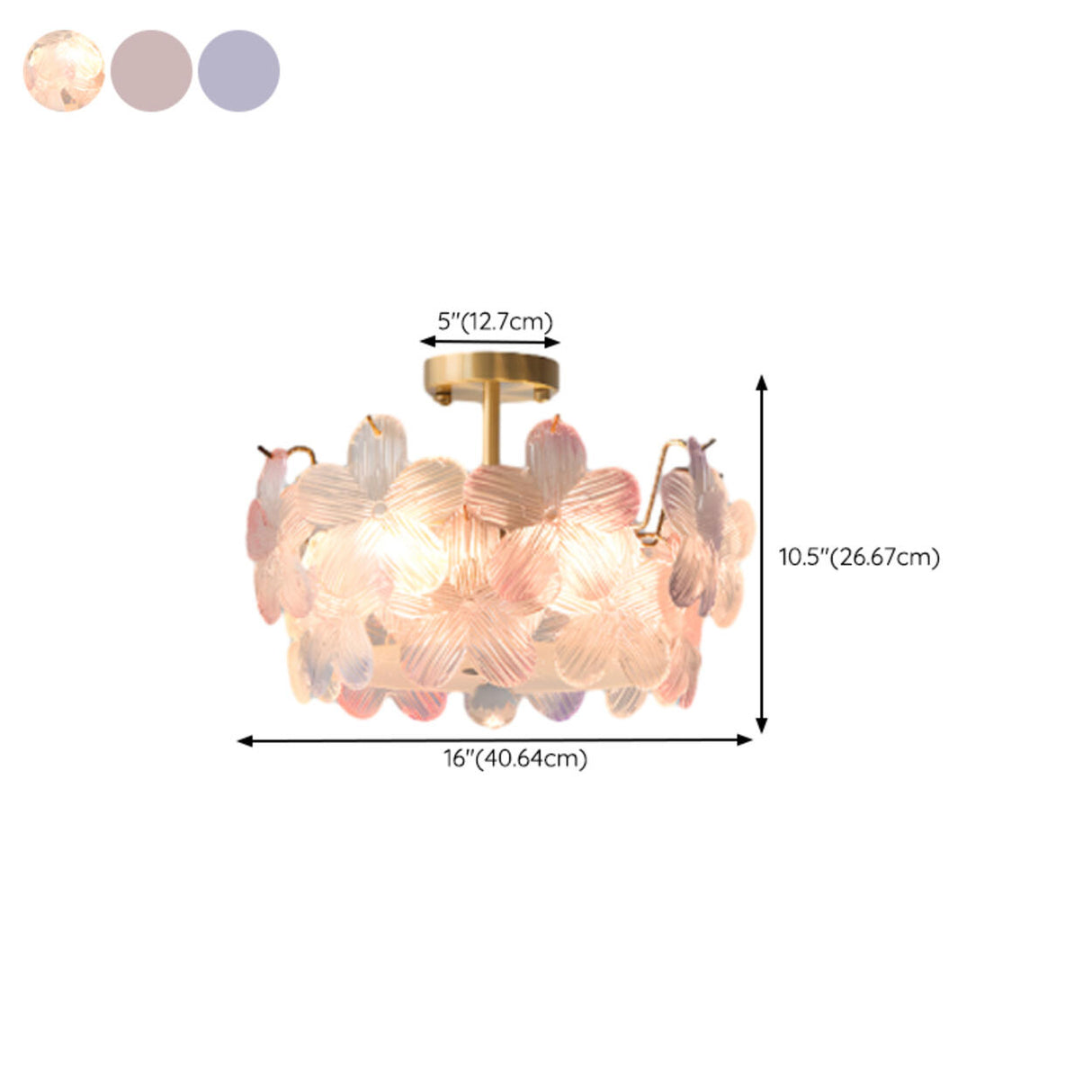 Pink Floral Glass Gold Round Semi-Flush Mount Lamp 