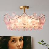 Pink Floral Glass Gold Round Semi-Flush Mount Lamp Image - 3