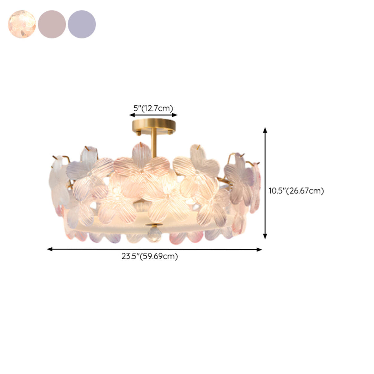 Pink Floral Glass Gold Round Semi-Flush Mount Lamp Image - 32